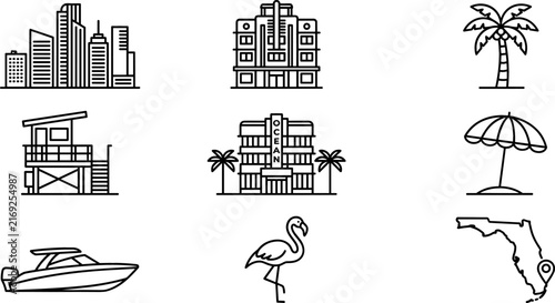 Miami Beach Florida Travel and Culture Icon Set Featuring Art Deco Hotels Skyscrapers Lifeguard Tower Flamingo Boat and Palm Tree Vector Graphics