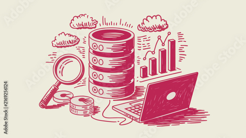Hand-drawn data center illustration, vintage sketch of server database and cloud computing, red ink tech analytics vector