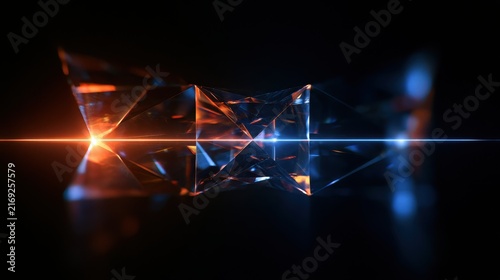 A futuristic geometric crystal structure refracts glowing orange and blue laser beams in the dark. Perfect for abstract science fiction and advanced technology concepts.