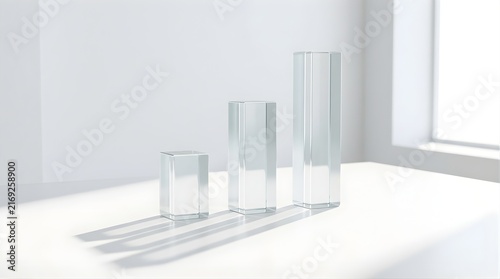 Three glass pedestals arranged as a growth chart in a white studio