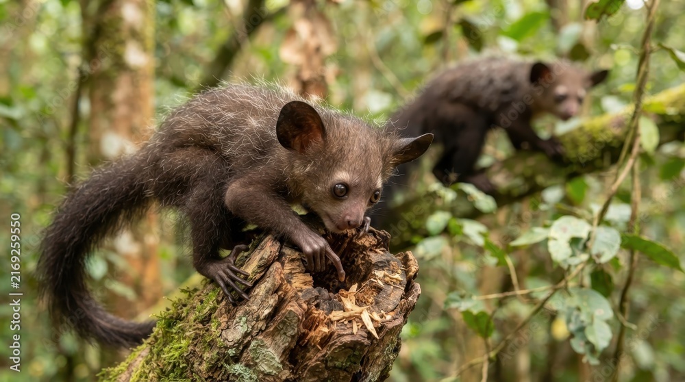 Naklejka premium Aye-Aye Lemur in its Natural Habitat: Two aye-aye lemurs forage on a moss-covered tree branch amidst the lush greenery of a forest.