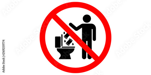Foto Prohibited flushing sanitary waste sign icon with black silhouette person discarding trash into toilet bowl for plumbing policy