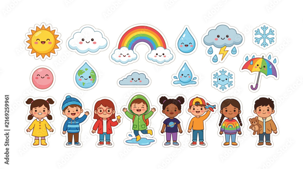 Naklejka premium Cute Kawaii Style Weather Elements and Happy Children Collection Sticker Set for Educational Activities and Creative Classroom Projects