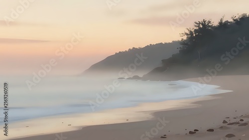 Misty beach at sunset with smooth motion blur ocean waves on sandy coast near headland with copy space