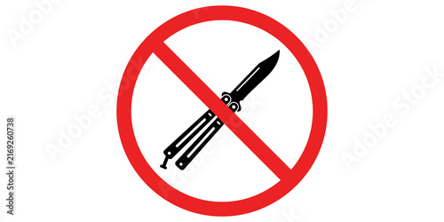 Принти на полотні Prohibited butterfly knife sign features red circle with slash and black balisong graphic icon for security and public safety