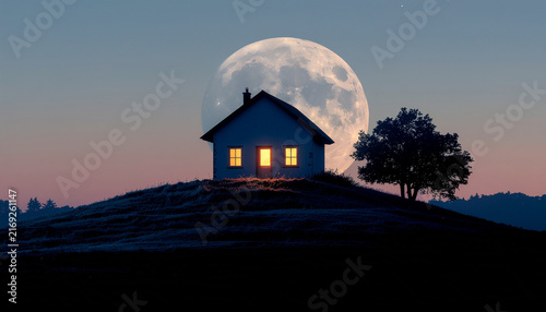 Small house on a hill under a full moon at dusk