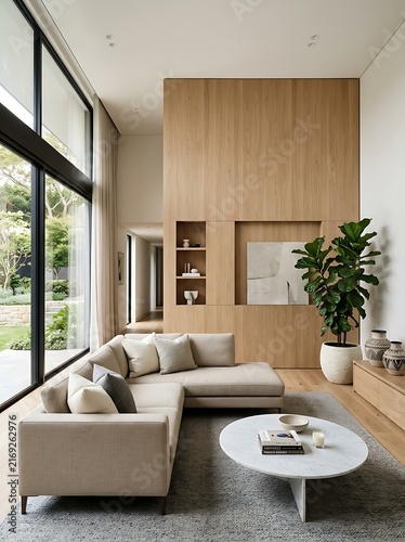 Modern luxury living room interior featuring large floortoceiling glass windows, light wood panel feature wall, sectional sofa, and round marble coffee table