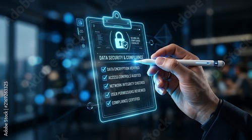 Data security and compliance checklist being verified by a hand using a futuristic stylus