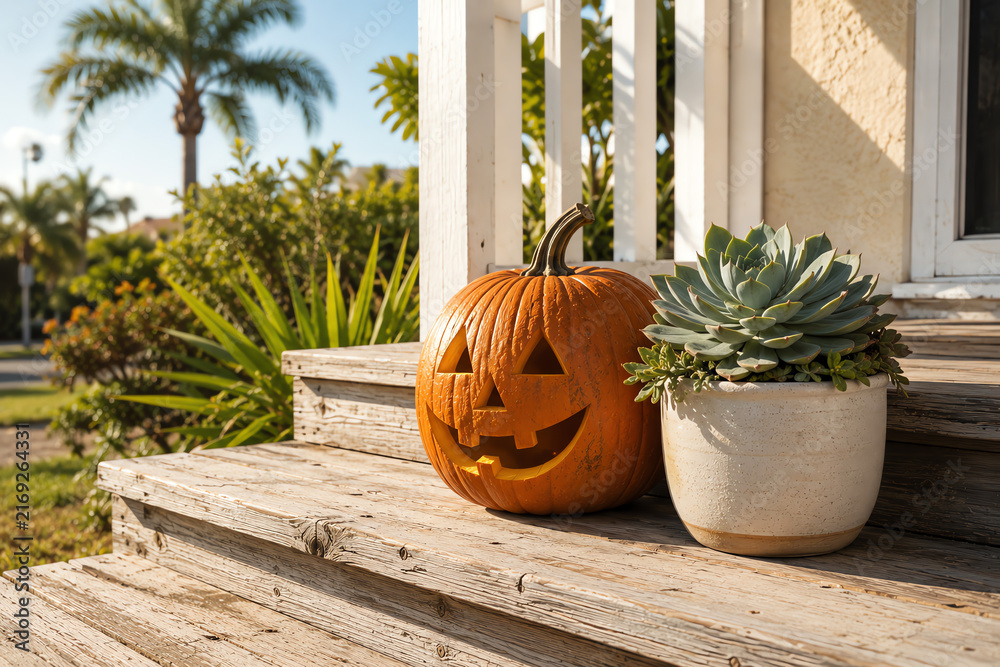 Fototapeta premium A carved Halloween jack-o'-lantern pumpkin sitting on sunny wooden porch steps next to a potted succulent plant with a palm tree in the background. A Warm-Climate Holiday Scene
