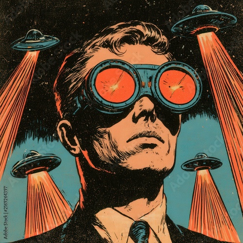 Retro man in goggles observes flying saucers beaming down from the night sky