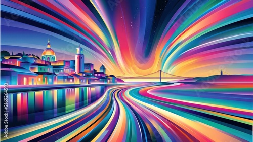 Vibrant abstract cityscape with colorful light trails and a bridge at sunset