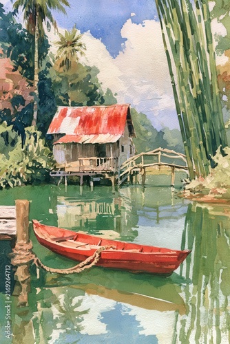 Peaceful tropical river scene with a rustic house and red boat
