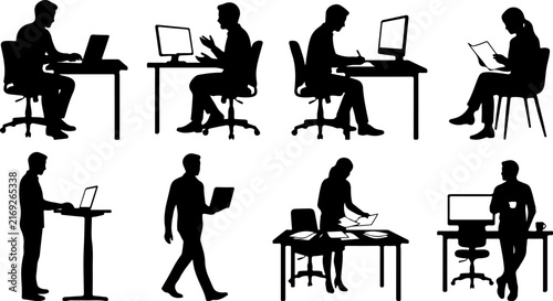 Set of office workers silhouettes working at desks and walking vector illustration