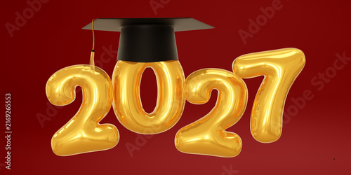 Golden 2027 balloons with graduation cap, class of 2027 celebration concept, festive numeric balloons on red background