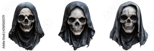 Set of Grim reaper face portrait with deep shadowed eye sockets and aged skeletal features on transparent background. Ai generated