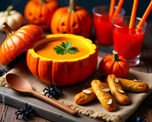 Delicious Pumpkin Soup in Carved Pumpkin Bowl with Festive Halloween Treats and Spooky Snacks on Wooden Table