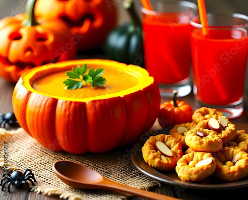 Delicious Pumpkin Soup in Carved Pumpkin Bowl with Festive Halloween Treats and Spooky Snacks on Wooden Table