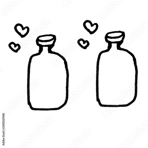 Hand-Drawn Bottle Doodles with Hearts, Minimalist Love-Themed Drink Flask Sketches