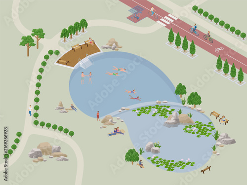 isometric natural swimming pool scene with a wooden deck
