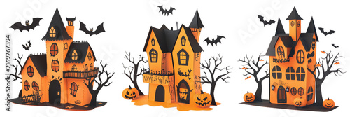 Set of Miniature haunted house Halloween decoration featuring dark wooden details on transparent background. Ai generated