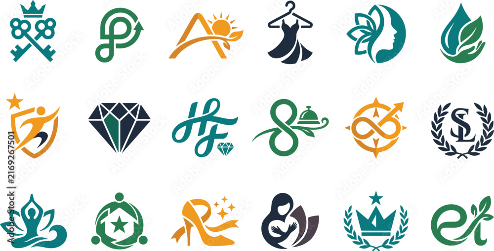 Fototapeta premium Collection of various professional business logo templates, modern vector icons for corporate branding, real estate, fashion, and wellness