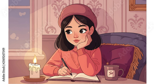 Lofi aesthetic girl writing in journal. Cozy anime style woman journaling by candlelight. Warm pink room interior vector illustration.