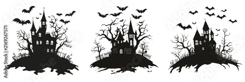 Set of Mysterious gothic castle with dramatic turrets and stone walls on transparent background. Ai generated