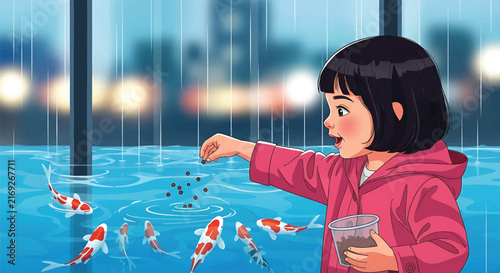 Cute Little Girl Feeding Koi Fish in Urban Pond, Anime Vector Illustration, Happy Child Enjoying Rainy City Evening with锦鲤Activity, Pink Hoodie Style