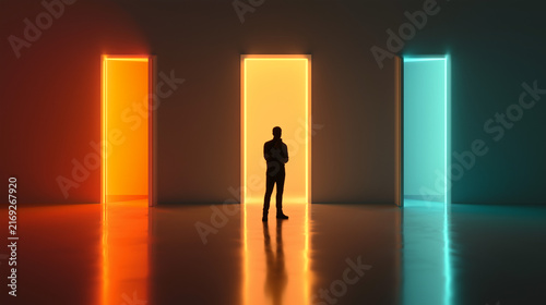Modern conceptual artwork of a man standing before three glowing doorways in a dark interior with warm orange and cyan lighting. Concept of choice, opportunity, future, and decision