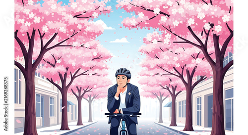 Businessman Cycling Through Cherry Blossoms. Urban Commuter In Spring Street. Cityscape With Pink Flowers, Trees, And Buildings