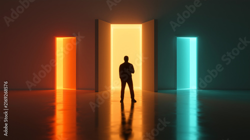 Surreal interior with three illuminated doorways in orange, golden and cyan light, solitary person choosing a path, reflective floor, cinematic concept of decisions and opportunity