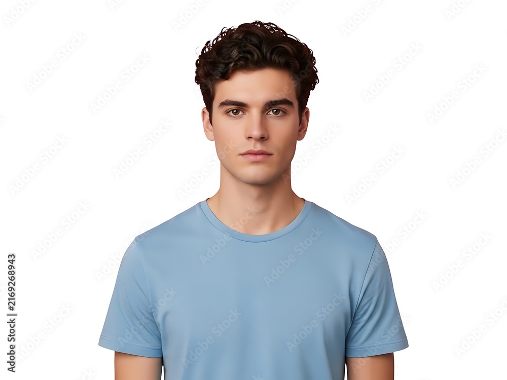 Fototapeta premium A portrait of a young man with curly dark hair wearing a light blue t-shirt