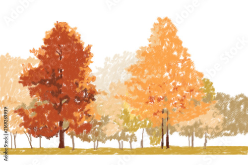 Textured Autumn Forest Landscape with Orange and Red Foliage Illustration.

