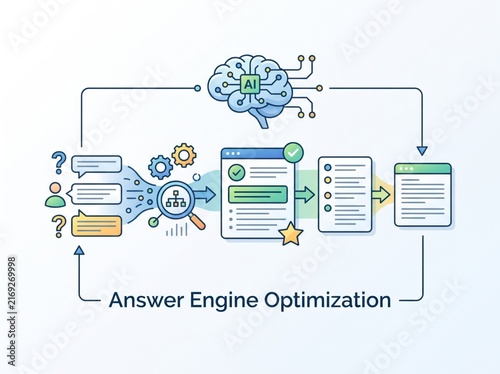Answer engine optimization infographic artificial intelligence processing digital marketing strategy concept