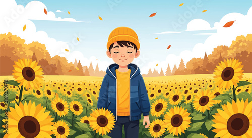 Happy boy standing in autumn sunflower field, yellow flower meadow, seasonal illustration, blue sky, falling leaves, nature background