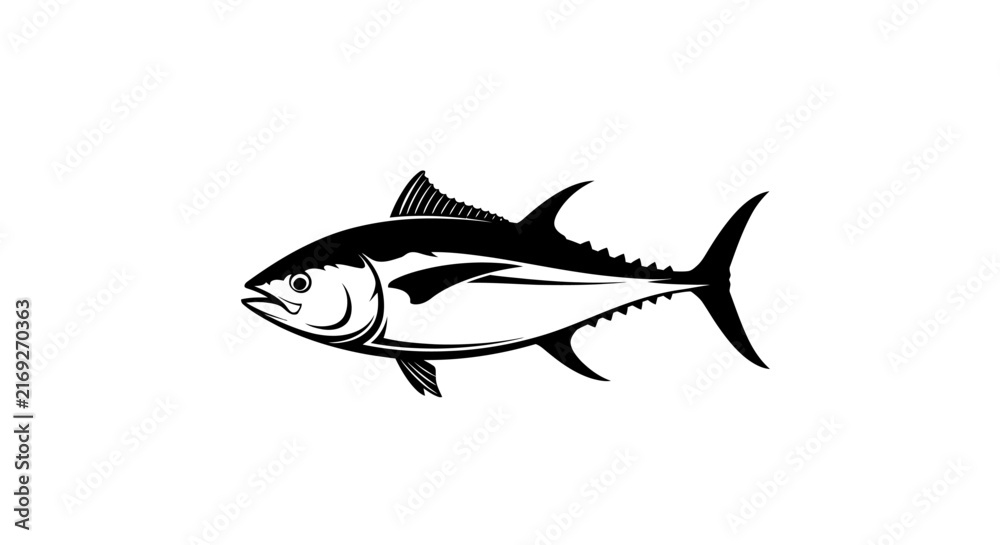 Fototapeta premium Black and white illustration of a tuna fish with silhouette swimming seafood cartoon drawing graphic marine animal scales icon fin