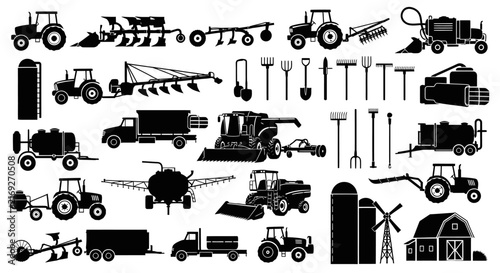 Photography Agricultural equipment with depicting various agricultural collection black silh