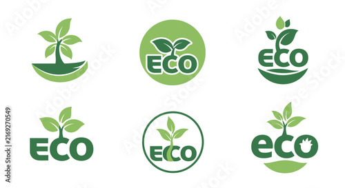 Collection of eco logos with green leaves with designs white background plant designs six eco sustainability conservation environment ecofriendly