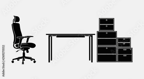 Office furniture set with chair desk with white illustration office simple black white furniture with organization workspace equipment workplace