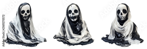 Set of Terrifying mysterious figure in a flowing black cloak, mouth open in a haunting scream while a skeletal demon mask is revealed on transparent background. Ai generated