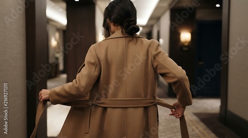 Woman in a long tan coat walking down a hotel hallway, adjusting her belt.