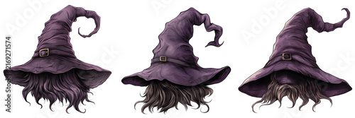 Set of Traditional pointed Halloween witch hat with a slightly bent tip and soft fabric folds  on transparent background. Ai generated