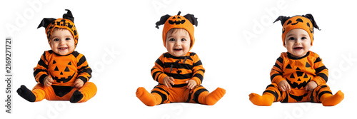 Set of ute infant dressed in a cozy orange pumpkin costume with a small green stem hood on transparent background. Ai generated