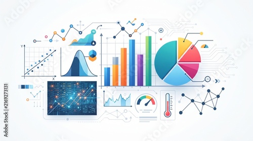 Fototapeta kuchenna Mathematical data visualization with statistical charts, probability curves, numerical grids, data points, and analytical graphs in flat design.