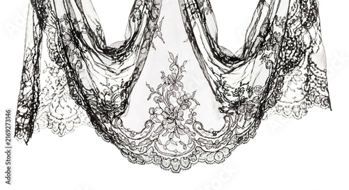 Konstfotografi Elegant black lace fabric with intricate floral patterns and scalloped edges