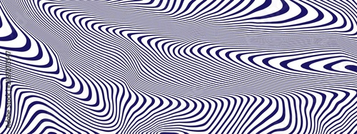 Abstract background featuring a pattern of dark blue wavy lines creating a hypnotic optical illusion on a white surface backdrop