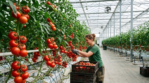 Greenhouse Worker Harvesting Ripe Tomatoes From Vine Rows In Modern Hydroponic Farm