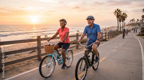 Happy Senior Couple Biking Along Beach Boardwalk at Sunset Enjoying Active Retirement Lifestyle