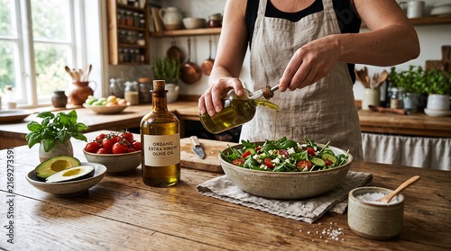 Woman Pouring Olive Oil Over Fresh Salad In Rustic Kitchen Preparing Healthy Meal