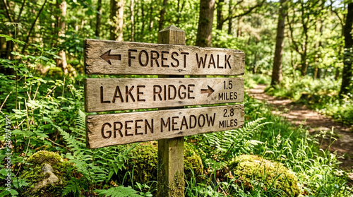 Wooden signpost in a lush forest, pointing towards forest walk, lake ridge, green meadow